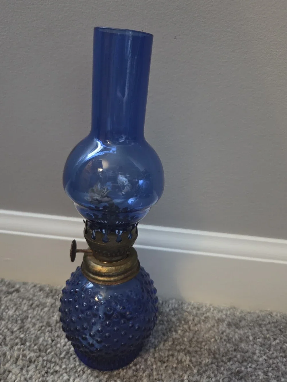 Blue Hobnail Oil Hurricane Lamp